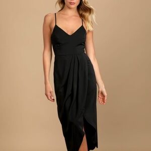Black lulus dress women’s size large midi formal split midi sleeveless v neck